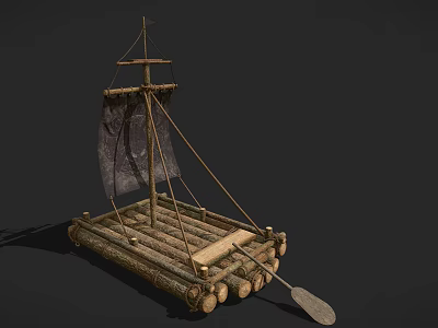 Wooden Boat with Log Bundled Construction Simple Sail and Paddle Handcrafted Design 3d model