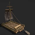 Wooden Boat with Log Bundled Construction Simple Sail and Paddle Handcrafted Design