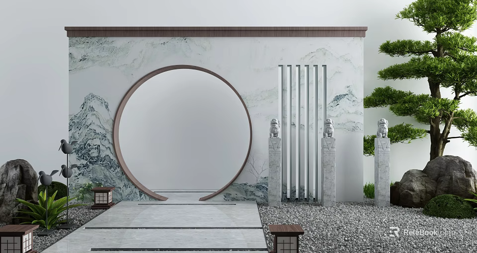 Traditional Chinese Scenery Wall With Circular Arch Landscape Mural And Stone Lions 3d model 