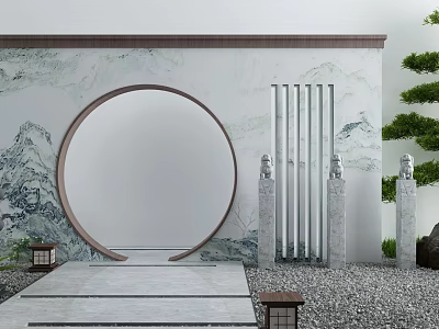 Traditional Chinese Scenery Wall With Circular Arch Landscape Mural And Stone Lions 3d model