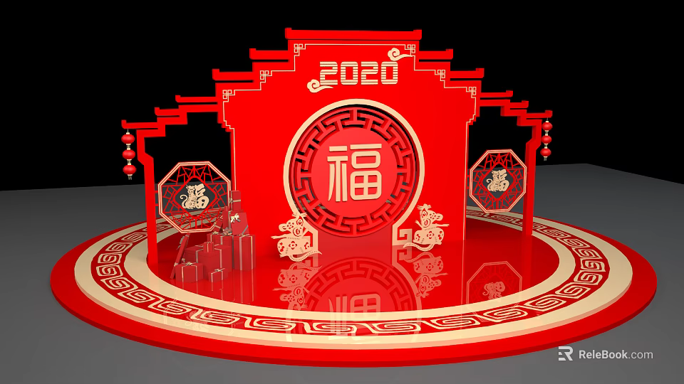2020 Red Chinese Traditional Festive Decorations With Fu Character And Circular Platform 3d model 