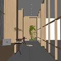 Modern Office Corridor Interior Design With Wooden Walls Natural Light Bench And Green Plant