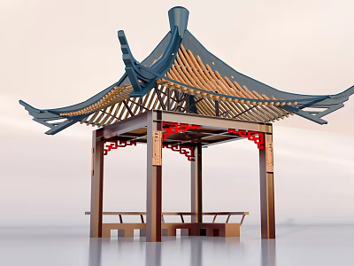Traditional Chinese Pavilion With Curved Eaves Wooden Structure Red Decorations And Benches 3d model