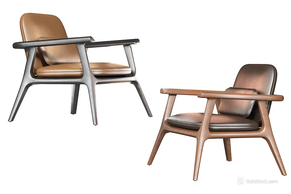 Two Tone Wooden Frame Modern Leisure Chair With Brown Leather Seat And Armrests 3d model 