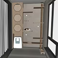 Home Balcony Design with Wooden Shelves Circular Windows Cat White Appliance and City View