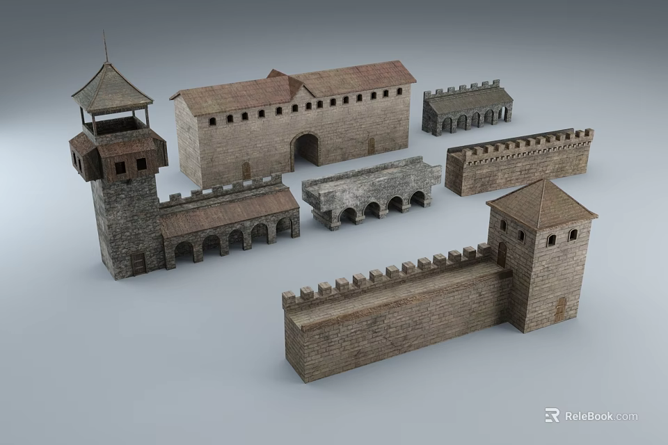 Ancient Style Architectural Models With Castle Towers Walls And Arch Structures 3d model 