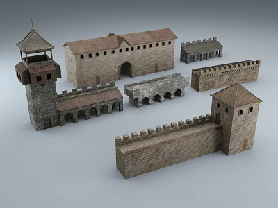 Ancient Style Architectural Models With Castle Towers Walls And Arch Structures 3d model