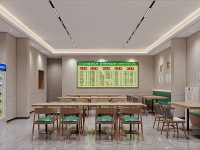 Modern Restaurant Interior With Long Tables Green Chairs Wall Menu Board And Ceiling Lights 3d model