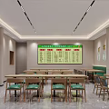 Modern Restaurant Interior With Long Tables Green Chairs Wall Menu Board And Ceiling Lights