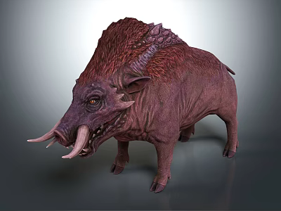 Mythical Boar Creature with Purple Red Skin Large Tusks and Spiked Mane 3d model
