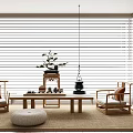 Traditional Chinese Tea Room Interior With Wooden Seats Bonsai And Rattan Rug