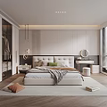 Modern Bedroom Interior Design With Upholstered Headboard Bed Nightstand Open Wardrobe And Blinds