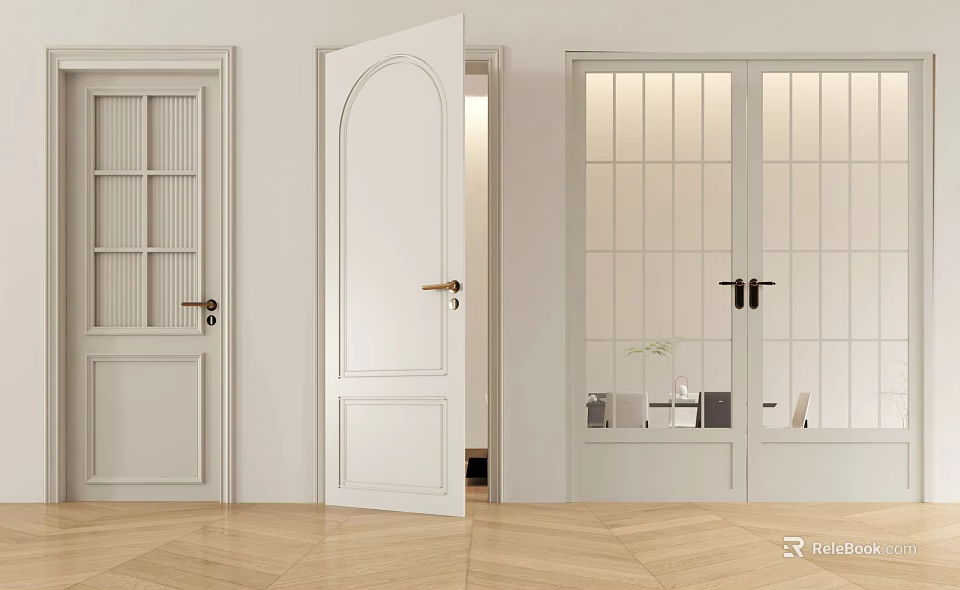 White Interior Doors With Glass Panels Open Wooden Door And Gold Handle On Wooden Floor 3d model 