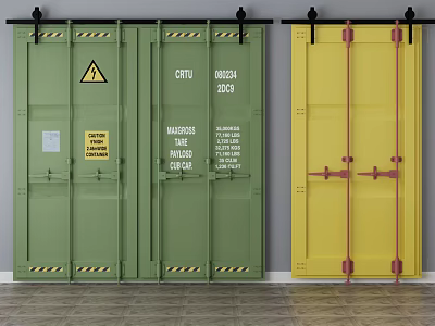 Green And Yellow Barn Doors With Warning Signs Red Hinges And Material Labels 3d model