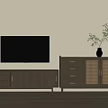 Modern Wooden TV Stand With Drawers Rattan Doors And Wall Mounted Black TV