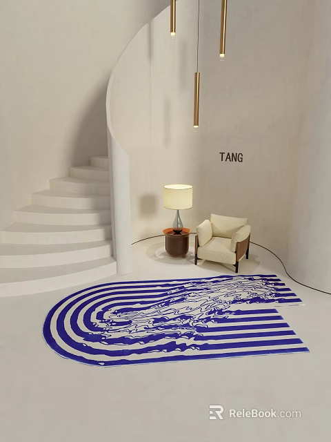 Stylish Blue And White Wavy Pattern Rug With Beige Armchair Floor Lamp And Spiral Staircase 3d model 