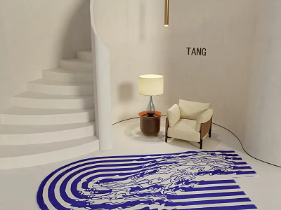Stylish Blue And White Wavy Pattern Rug With Beige Armchair Floor Lamp And Spiral Staircase 3d model