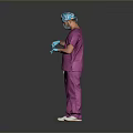 Medical Professional in Purple Surgical Scrubs With Blue Cap Mask Gloves Standing Against Gray Background