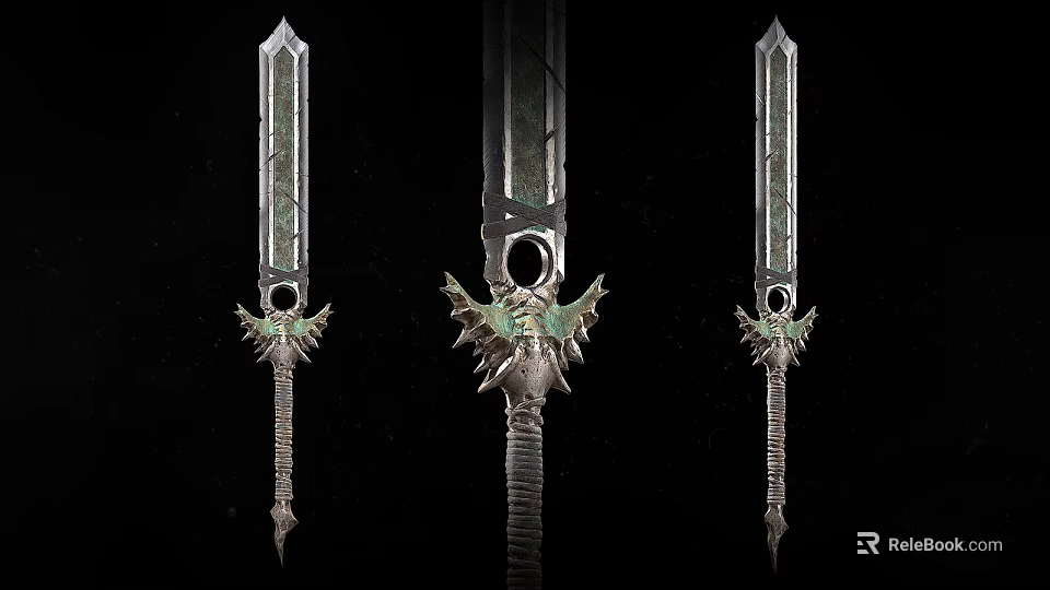 Three Ornate Ancient Swords With Mythical Creature Hilt And Intricate Metal Design 3d model 