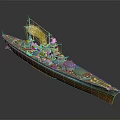Warship With Smoking Funnel Gray Upper Hull Red Bottom Main Deck And Turrets