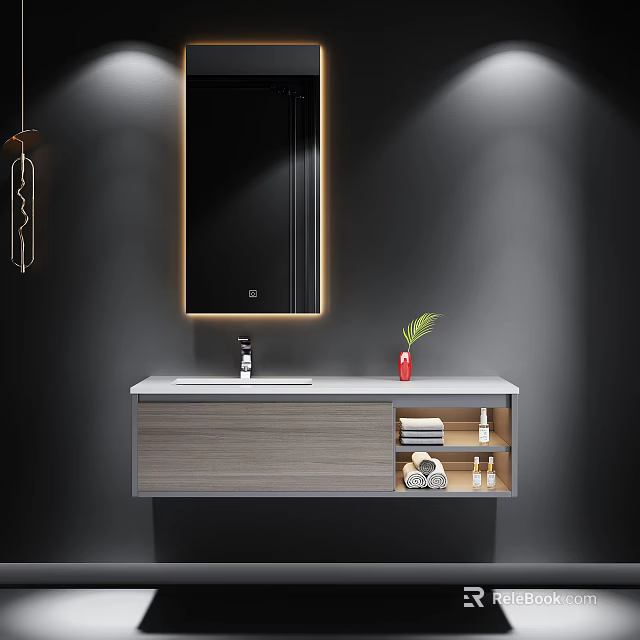 Modern Bathroom Vanity With Backlit Mirror Stone Countertop Floating Cabinet Potted Plant Towels And Toiletries 3d model 