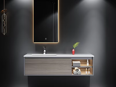 Modern Bathroom Vanity With Backlit Mirror Stone Countertop Floating Cabinet Potted Plant Towels And Toiletries 3d model