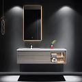 Modern Bathroom Vanity With Backlit Mirror Stone Countertop Floating Cabinet Potted Plant Towels And Toiletries