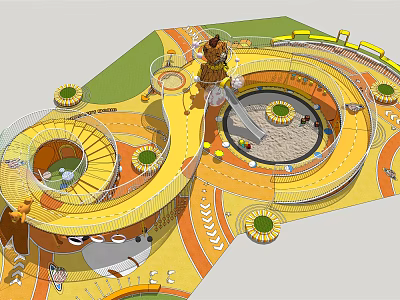 Colorful Children's Playground Design With Spiral Walkways Sandpit Slide And Circular Lawn Decorations 3d model