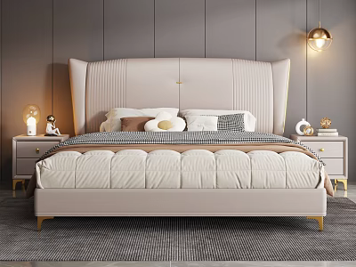 Elegant Modern Background Bed with Upholstered Headboard Nightstands and Gray Wall Decor 3d model
