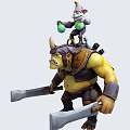 Muscular Warrior With Small Wizard On Shoulders Holding Green Orbs And Axes