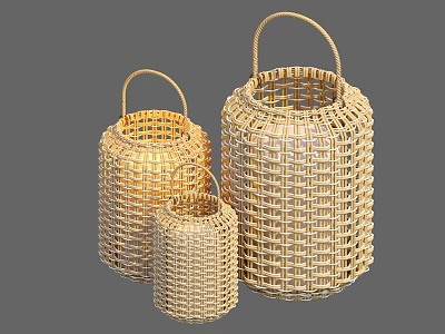 Wicker Lantern Shaped Floor Lamps in Various Sizes for Natural Home Decor 3d model