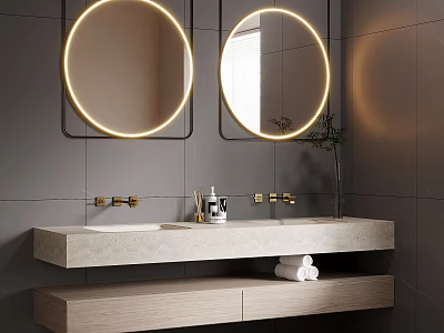 Modern Bathroom Interior With Double Circular Backlit Mirrors Gray Tiled Walls And Wooden Vanity 3d model