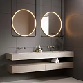 Modern Bathroom Interior With Double Circular Backlit Mirrors Gray Tiled Walls And Wooden Vanity