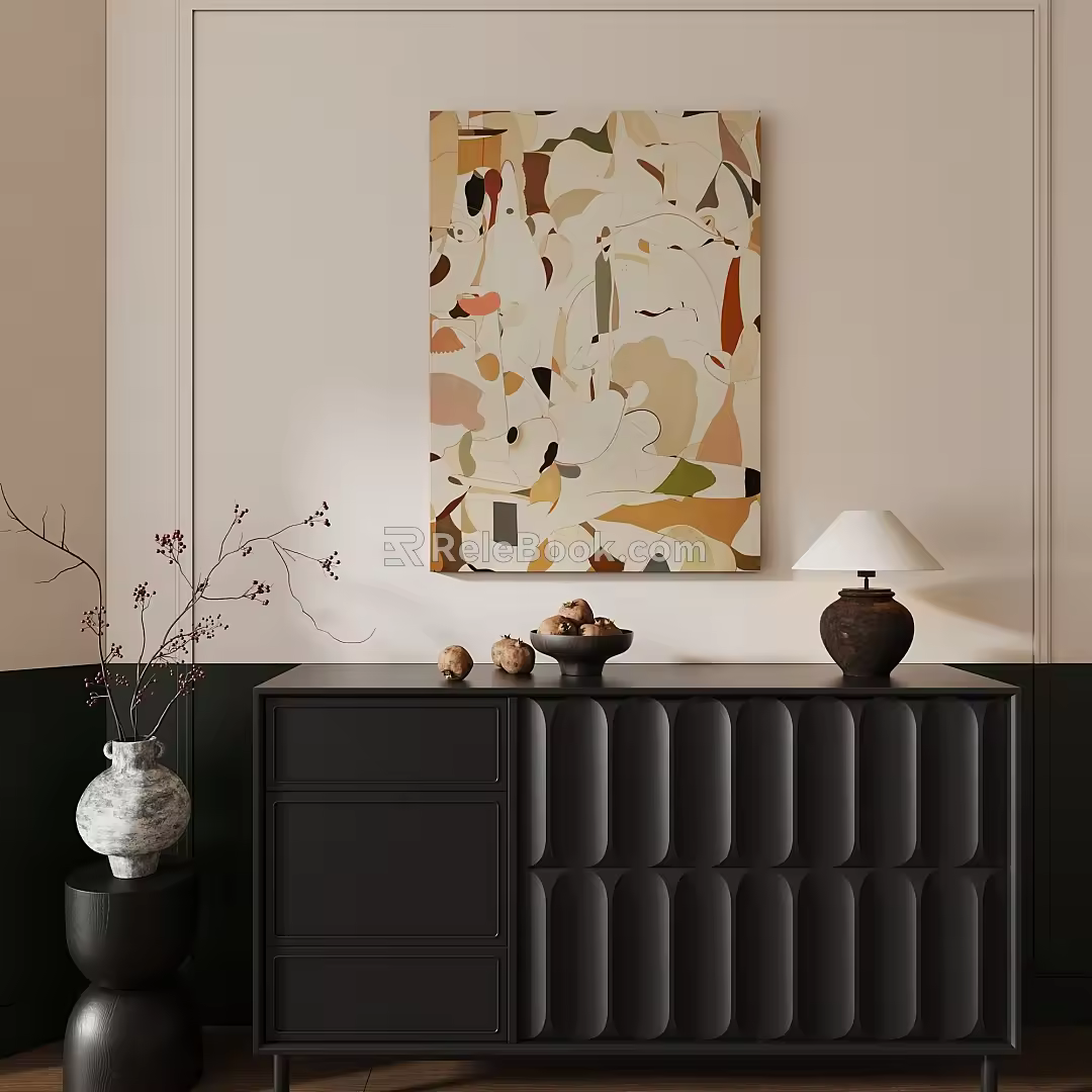 Wind Hanging Painting Abstract Decorative Painting End View Cabinet Dried Branches Vase Table Lamp 3d model
