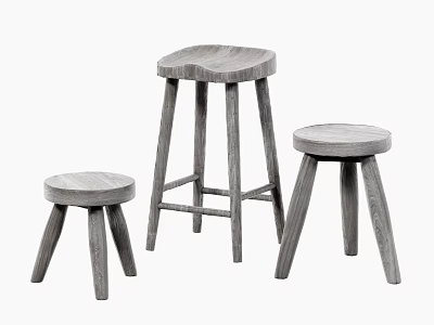 Three Minimalist Wooden Bar Stools With Natural Wood Finish And Simple Structure 3d model