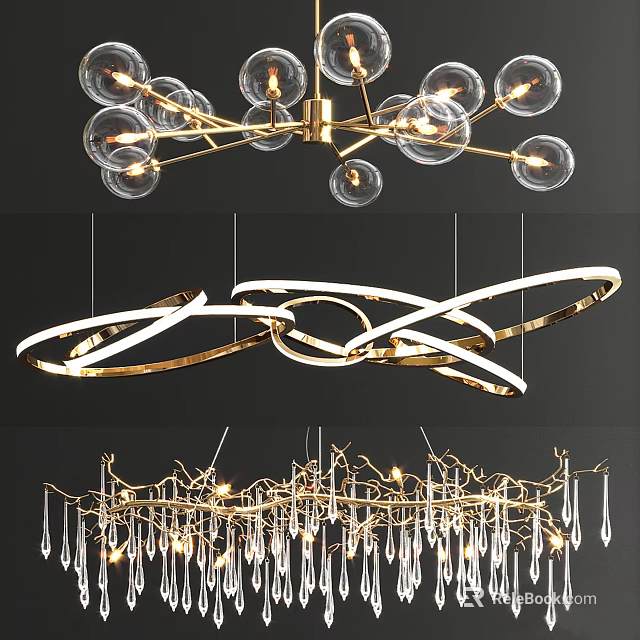 Modern Luxury Chandeliers With Gold Frame Glass Globes Circular Rings And Crystal Pendants 3d model 