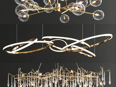 Modern Luxury Chandeliers With Gold Frame Glass Globes Circular Rings And Crystal Pendants 3d model