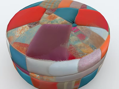 Unique Vibrant Multicolored Patchwork Round Ottoman With Colorful Fabric Design 3d model