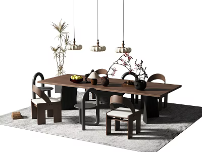 Natural Wooden Dining Table Set With Chairs Hanging Lights And Decorative Plants 3d model