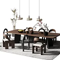 Natural Wooden Dining Table Set With Chairs Hanging Lights And Decorative Plants