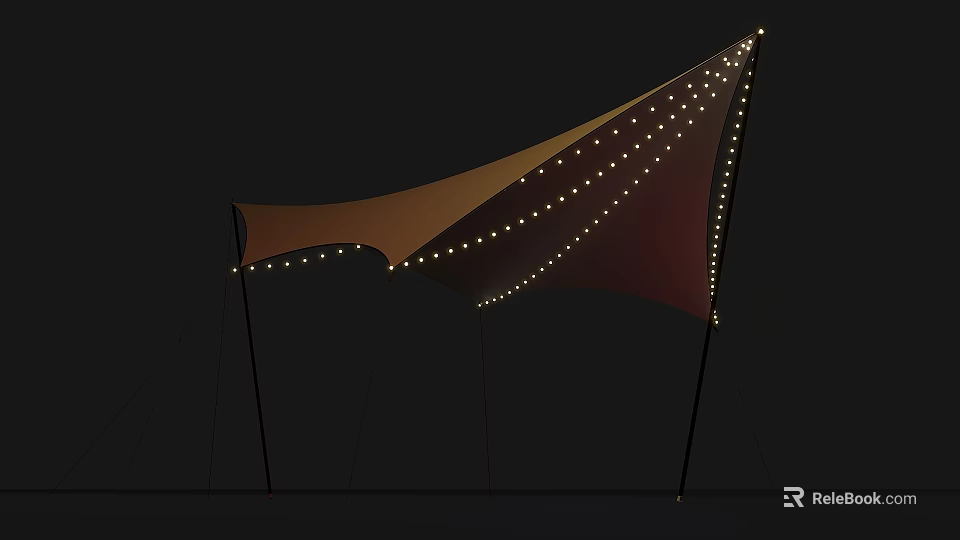 Outdoor Canopy With String Lights Brown And Maroon Fabric Support Poles 3d model 