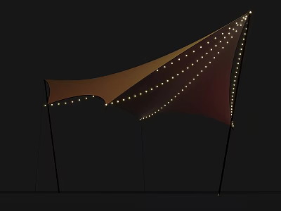 Outdoor Canopy With String Lights Brown And Maroon Fabric Support Poles 3d model