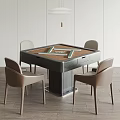 Modern Square Entertainment Table with Dark Top Four Light Chairs Ceiling Lamp and Wooden Floor