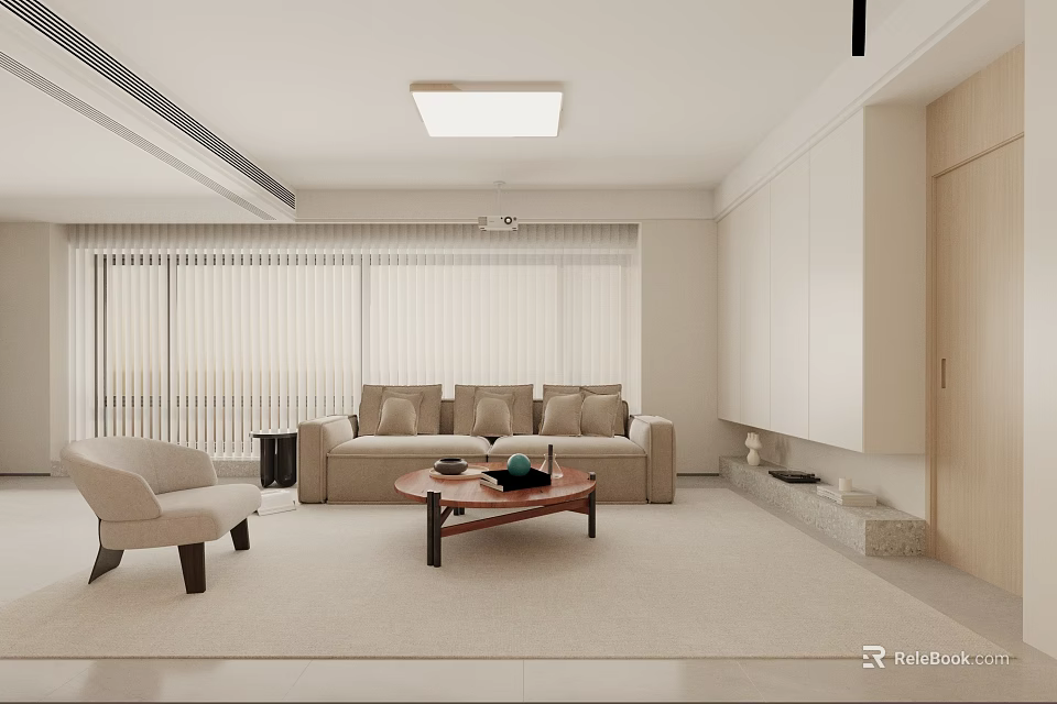 Modern Minimalist Living Room Interior With Beige Sofa Armchair Coffee Table And Blinds 3d model 