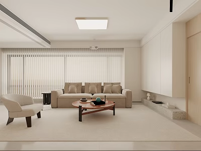 Modern Minimalist Living Room Interior With Beige Sofa Armchair Coffee Table And Blinds 3d model