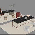 Black Office Desks With Table Lamp Laptop Red Chairs Green Plant And Beige Rug Decoration