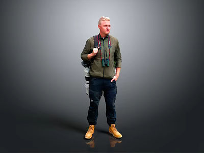 A Man In Green Shirt With Camera Lens Over Shoulder On Gray Background 3d model