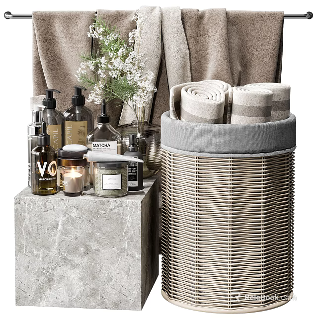 Stylish Bathroom Accessories Display With Soft Towels Woven Basket And Scented Candles 3d model 