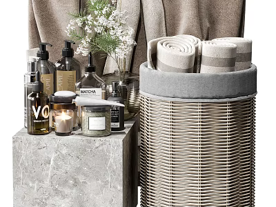 Stylish Bathroom Accessories Display With Soft Towels Woven Basket And Scented Candles 3d model