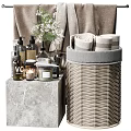 Stylish Bathroom Accessories Display With Soft Towels Woven Basket And Scented Candles